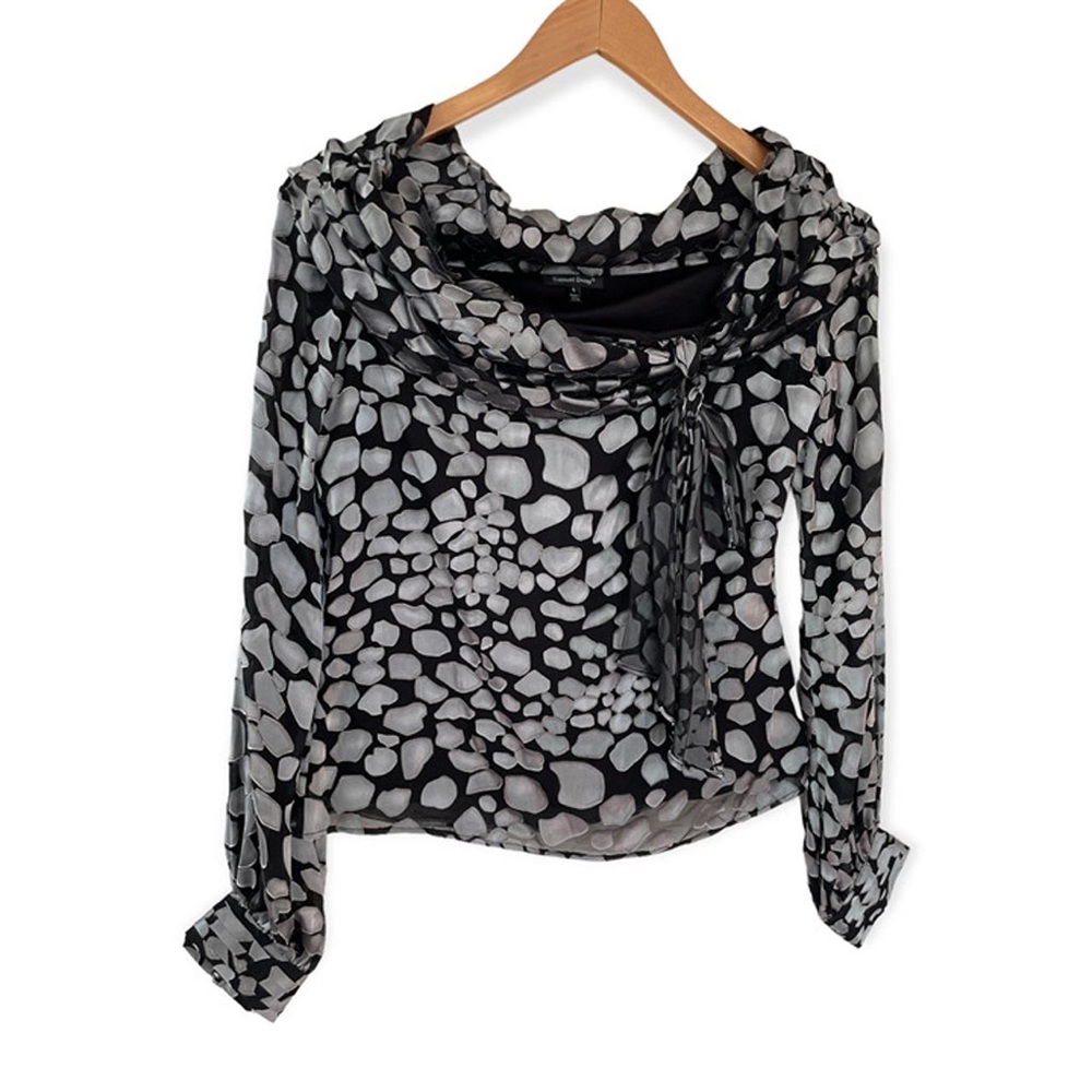 Samuel Dong SILK Cowl Tie Neck Blouse Small M Black Silver Abstract Print